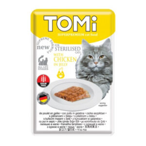 TOMi sterilised cats – chicken in jelly 85g τεχνητές χρωστικές ή αρωματικές ουσίες και,το σημαντικότερο,είναι απαλλαγμένο από ΓΤΟ (γενετικά τροποποιημένους οργανισμούς). Κατά τη διαδικασία παραγωγής δεν χρησιμοποιούνται αντιοξειδωτικά ή συντηρητικά. Σημαντικά χαρακτηριστικά αυτού του γεύματος: 1. Χαμηλότερη περιεκτικότητα σε λιπαρά 2. Μειωμένη θερμιδική αξία 3. Παρασκευάζεται με φυσικά συστατικά 4. Χωρίς προσθήκη ζάχαρης 5. Χωρίς ενισχυτικά γεύσης - TOMi POUCH ΓΙΑ ΣΤΕΙΡΩΜΕΝΕΣ ΓΑΤΕΣ ΣΟΛΟΜΟΣ ΣΕ ΖΕΛΕ 85g -